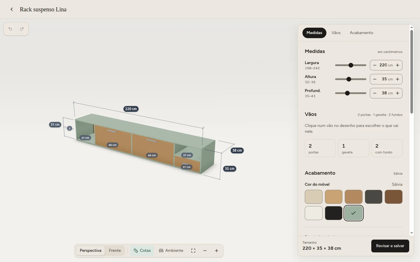 Configurador de um rack suspenso em 3D, com cotas, medidas ajustáveis e cores de acabamento