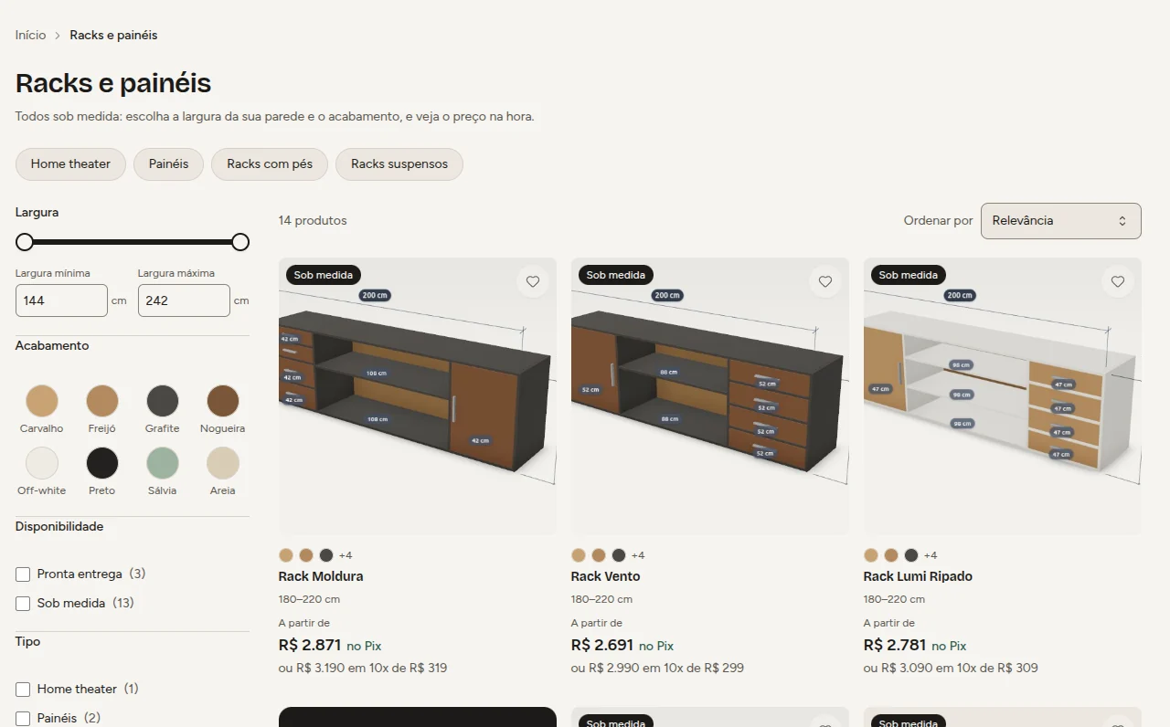 Catálogo de racks e painéis da loja da Projetou, com filtro de largura e acabamentos