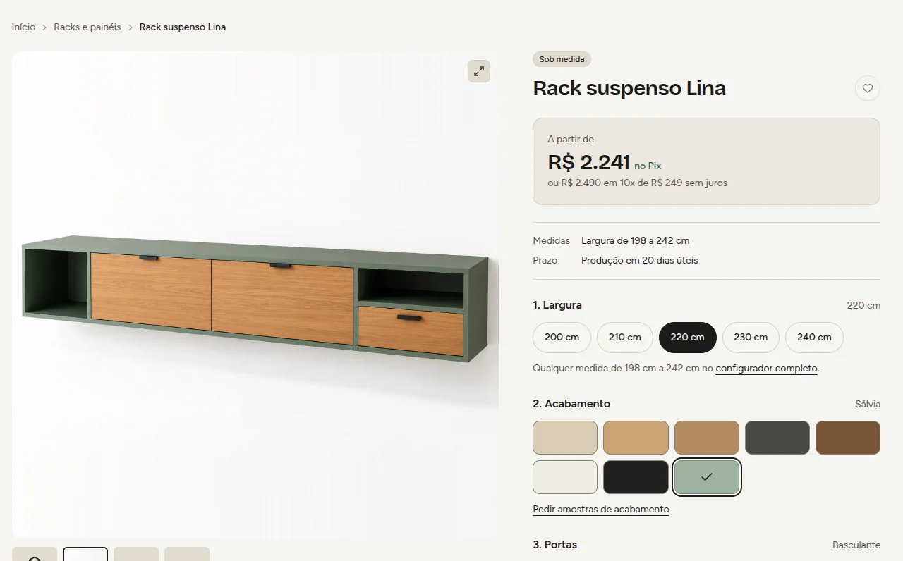 Página do rack suspenso Lina na loja da Projetou, com preço, larguras e acabamentos